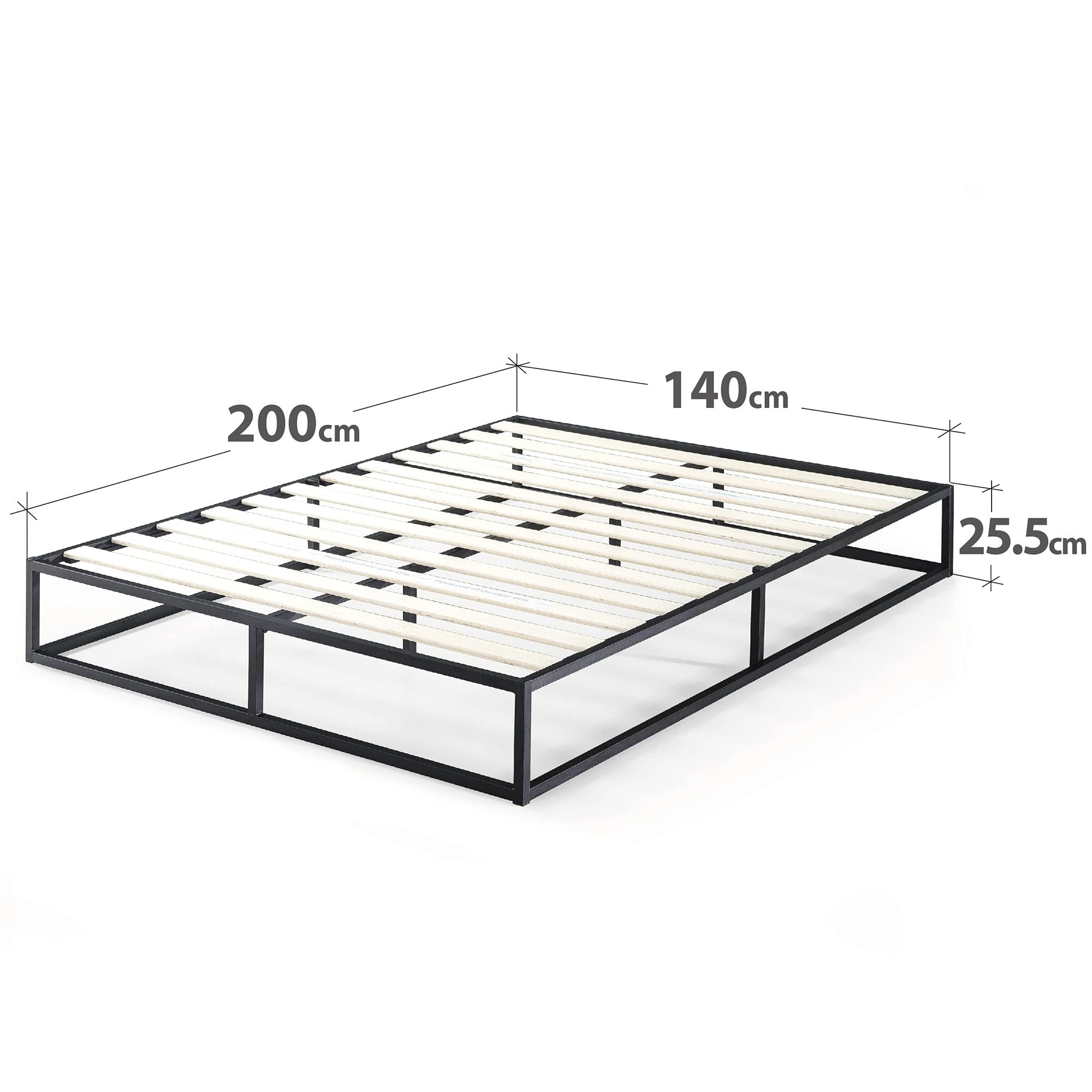 Zinus Joseph Bett 140x200 cm - Höhe 25 cm mit Unterbettstauraum - Metall-Plattformbettgestell mit Holzlattenrost - Schwarz - nargiss