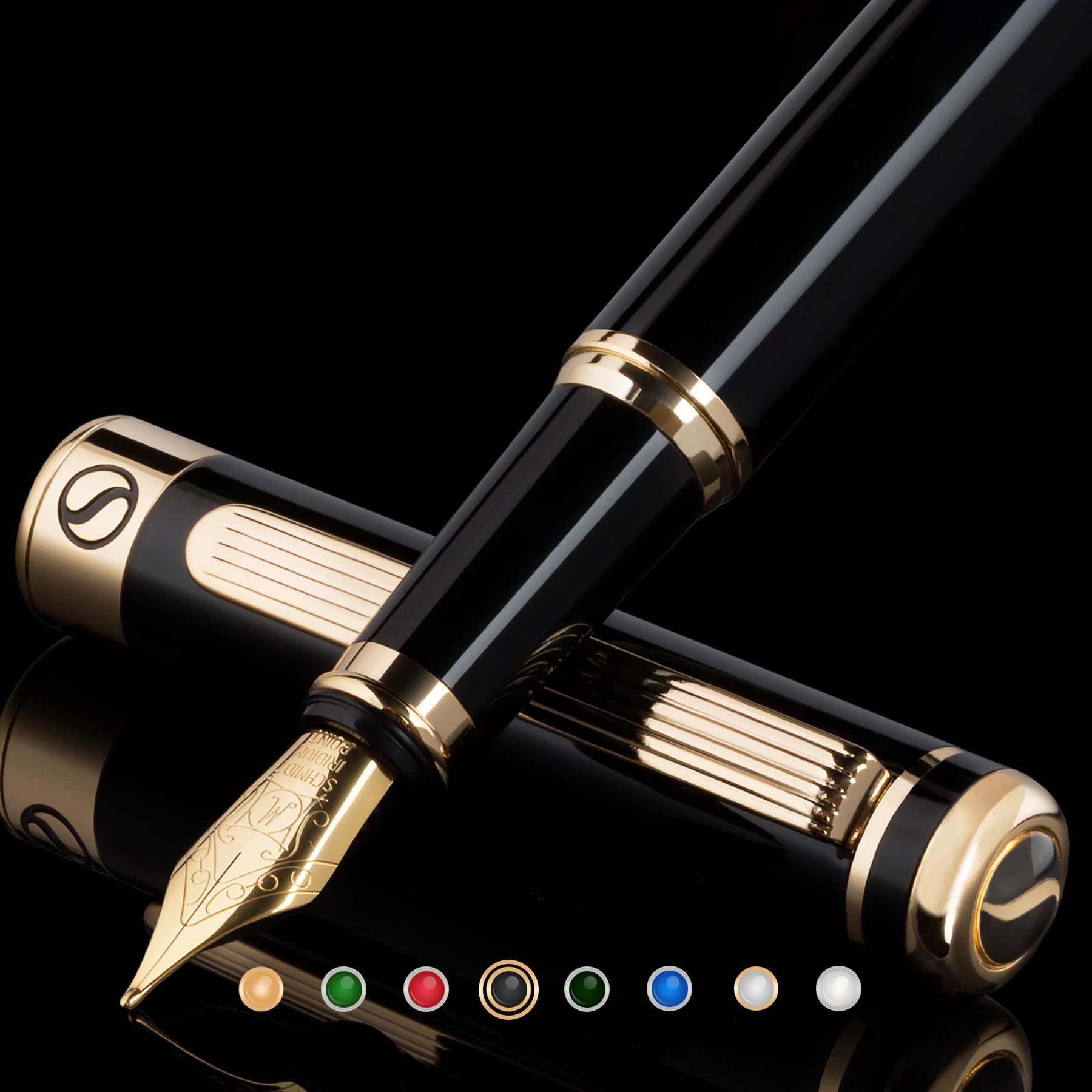Scriveiner Black Personalisierter Stift - Luxus Füllfederhalter, Schwarzer Lack, Gold Finish, Deutsche Schmidt Feder (Mittel), Bestes Graviertes Füllfederhalter Geschenkset, Namensgravur - nargiss