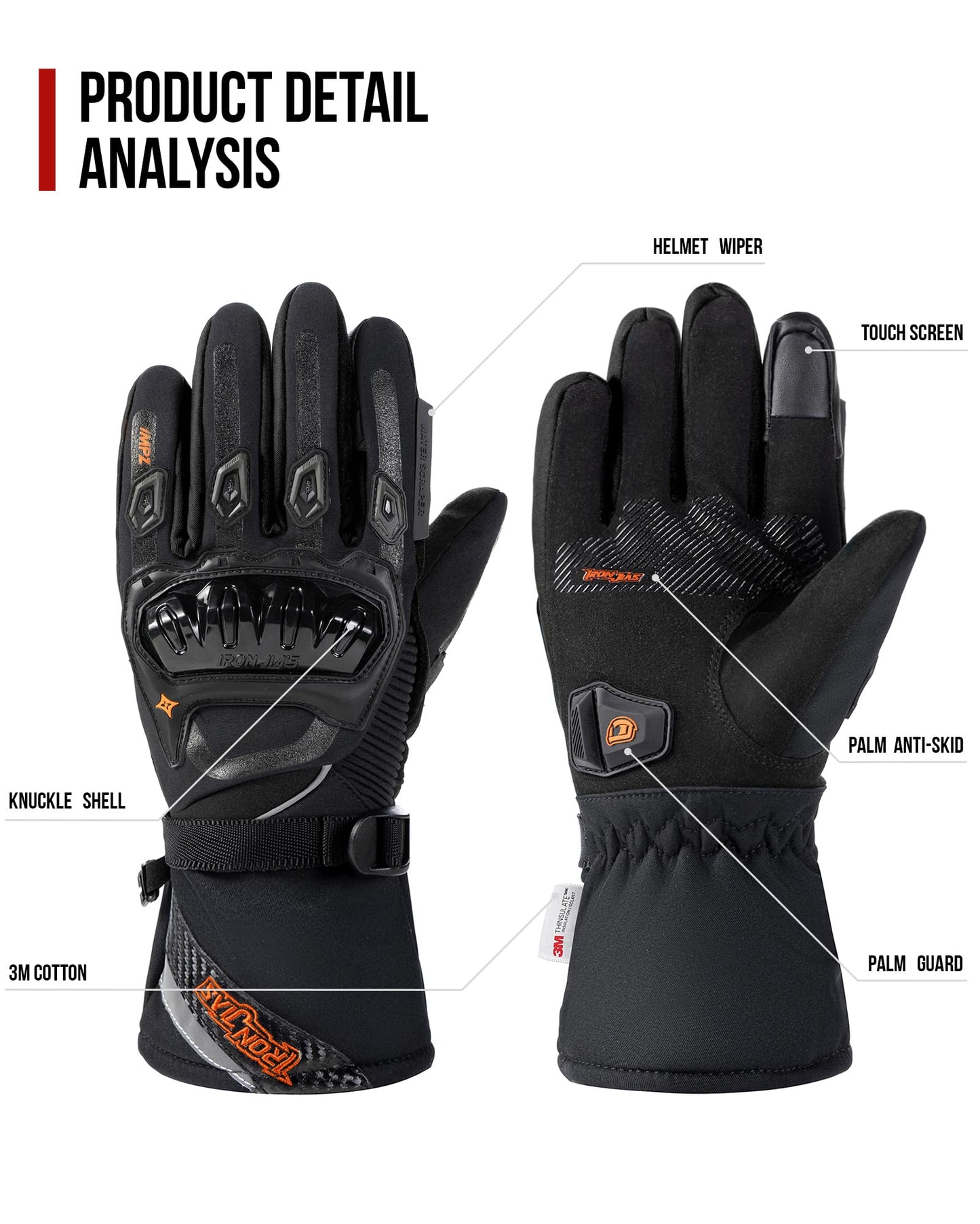 IRON JIA'S Winter Motorradhandschuhe, Wasserdicht Winddicht Leicht und Warm Touchscreen Handschuhe für Motorrad, Wandern und andere Outdoor-Sportarten,Mann und Frau-Schwarz-XXL - nargiss
