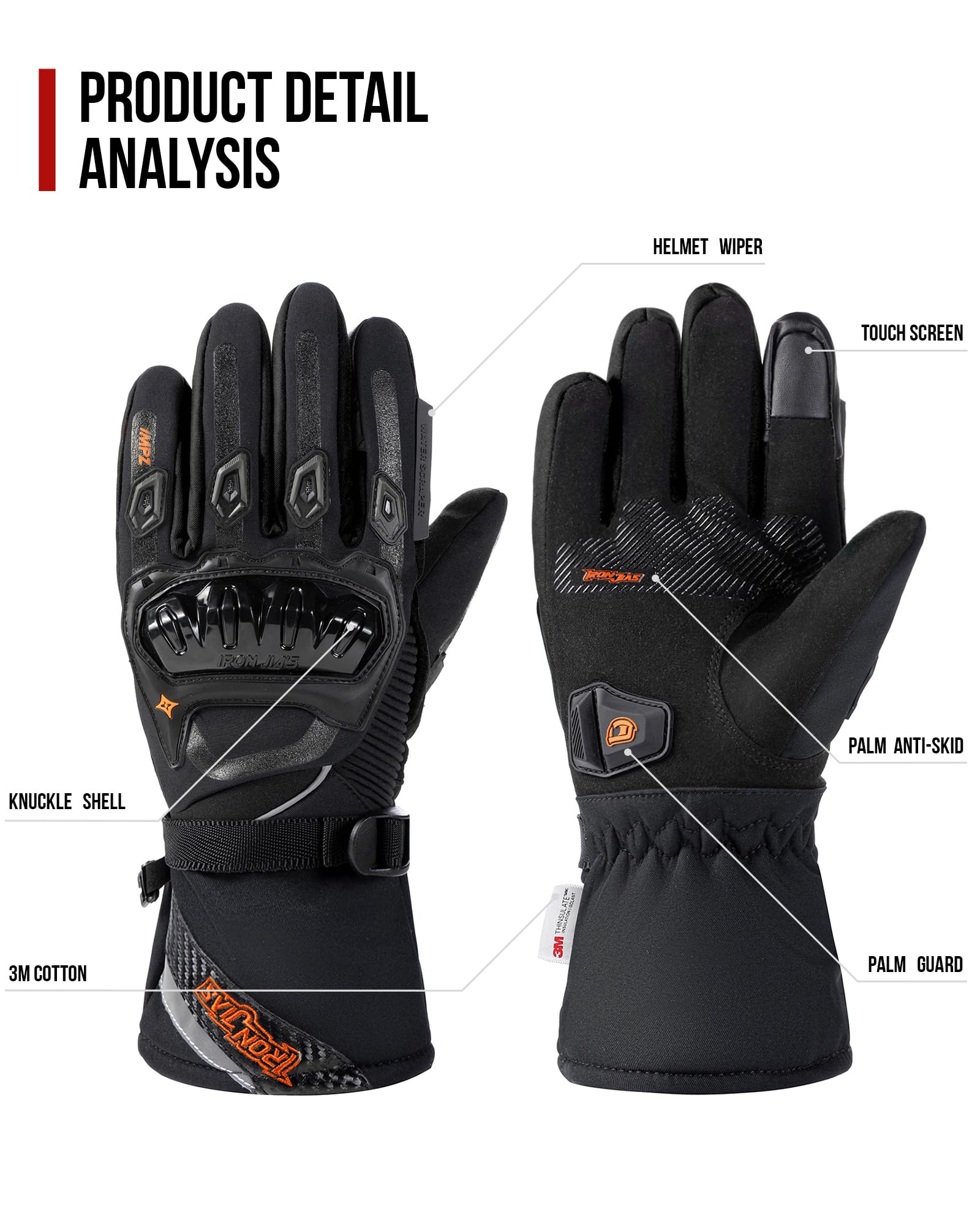 IRON JIA'S Winter Motorradhandschuhe, Wasserdicht Winddicht Leicht und Warm Touchscreen Handschuhe für Motorrad, Wandern und andere Outdoor-Sportarten,Mann und Frau-Schwarz-XXL - nargiss