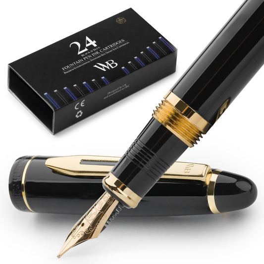 Wordsworth & Black Majesti Füllfederhalter (Schwarzgold), Luxus-Etui, Mittlere Feder - 24 Tintenpatronen, nachfüllbarer Tintenkonverter - Bestes Business-für Männer & Frauen - nargiss