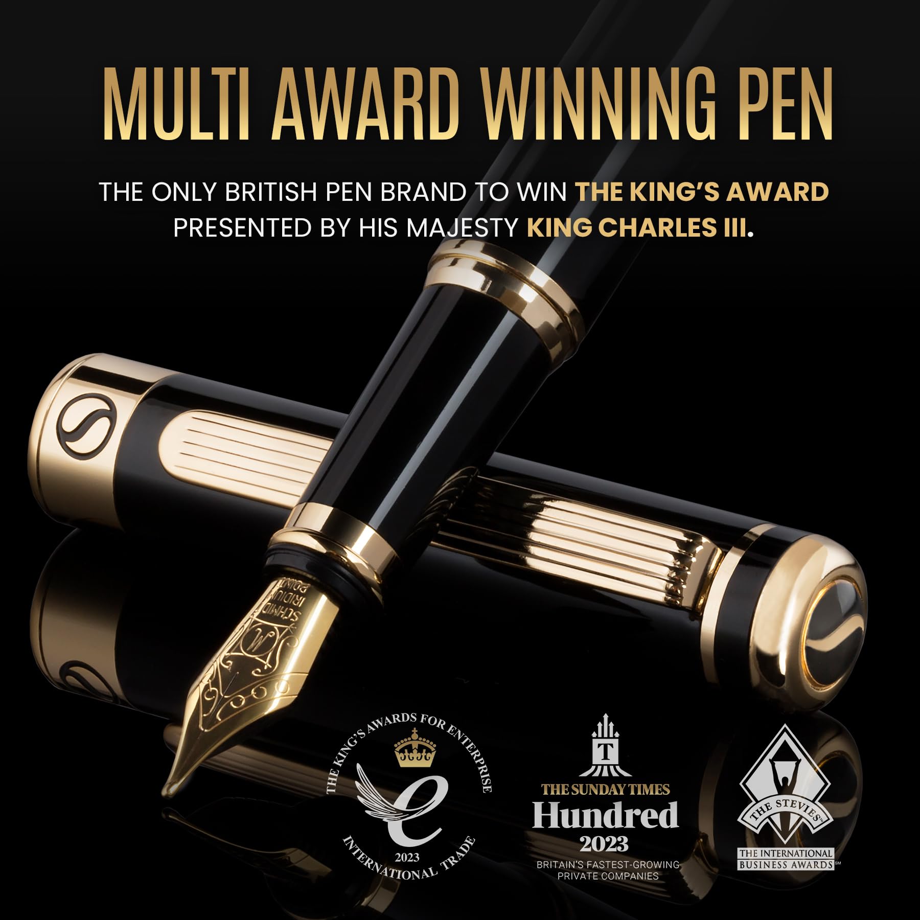 Scriveiner Black Personalisierter Stift - Luxus Füllfederhalter, Schwarzer Lack, Gold Finish, Deutsche Schmidt Feder (Mittel), Bestes Graviertes Füllfederhalter Geschenkset, Namensgravur - nargiss