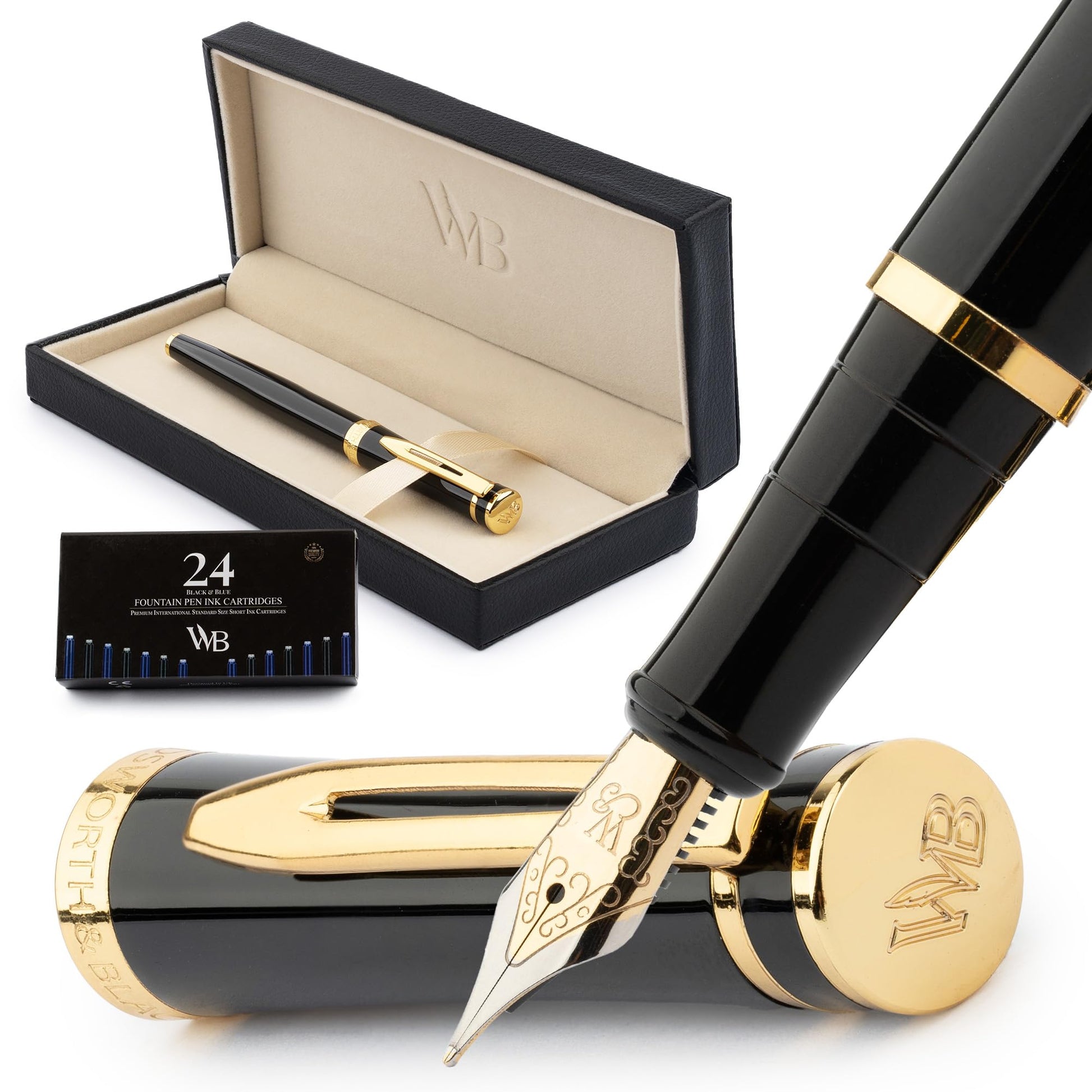 Wordsworth & Black Füllfederhalter Set, Medium Schreibfeder, Enthält 24 Tintenpatronen Und Tintennachfüllkonverter, Geschenketui, Journaling, Kalligrafie, Weiche Schreibstifte [Schwarzes Gold] - nargiss
