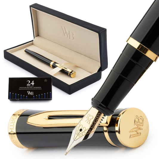 Wordsworth & Black Füllfederhalter Set, Medium Schreibfeder, Enthält 24 Tintenpatronen Und Tintennachfüllkonverter, Geschenketui, Journaling, Kalligrafie, Weiche Schreibstifte [Schwarzes Gold] - nargiss