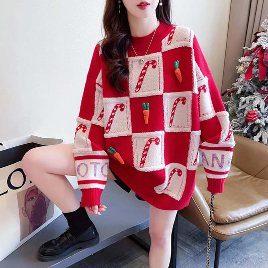 Lässiger Pullover im Japanisch-Koreanischen Stil - Häkelblumen  | Rot & Orange - nargiss