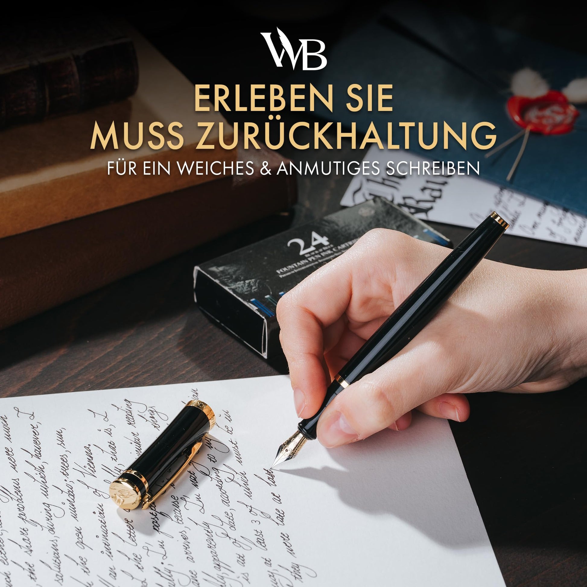 Wordsworth & Black Füllfederhalter Set, Medium Schreibfeder, Enthält 24 Tintenpatronen Und Tintennachfüllkonverter, Geschenketui, Journaling, Kalligrafie, Weiche Schreibstifte [Schwarzes Gold] - nargiss