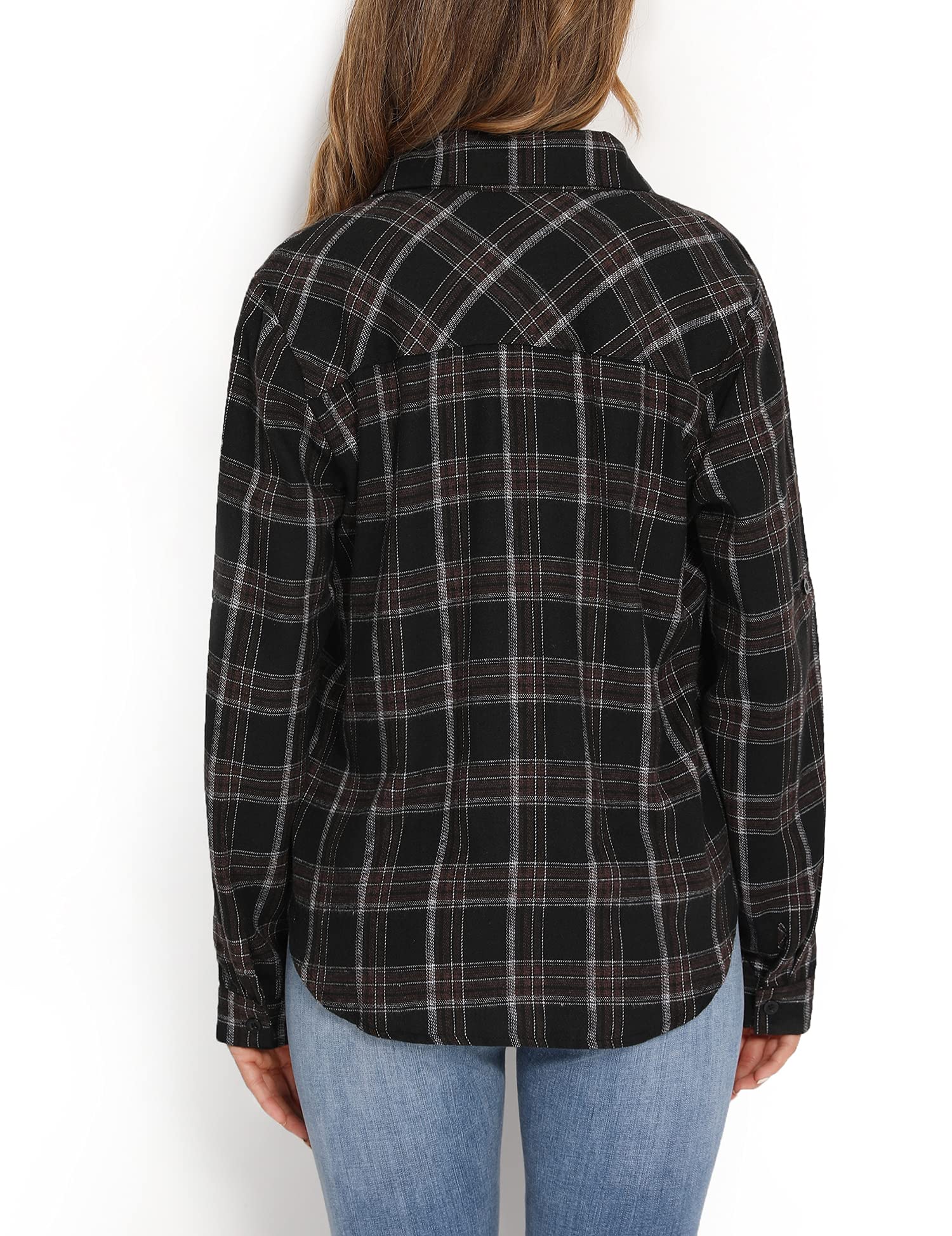 Enjoyoself Damen Kariertes Hemd 100% Baumwolle Langarm Holzfällerhemd Button-down Karobluse für Alltag Oktoberfest Schwarz,M - nargiss