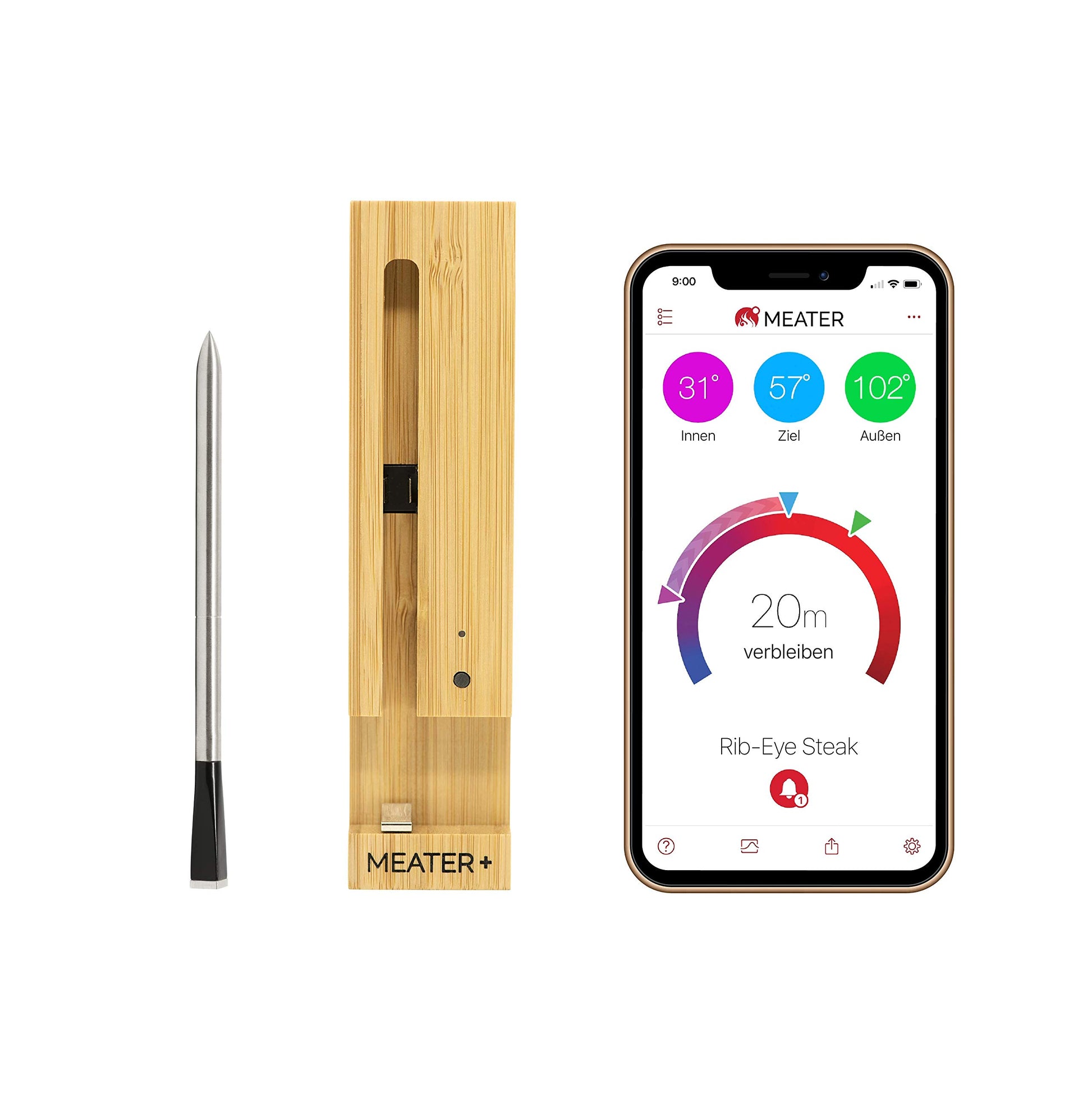 MEATER Plus | Das Kabellose, Smarte Fleischthermometer mit 50m Reichweite Für Ofen, Grill, Pfanne und Rotisserie Perfekter Fleischgenuss via App in Deutscher Sprache - nargiss