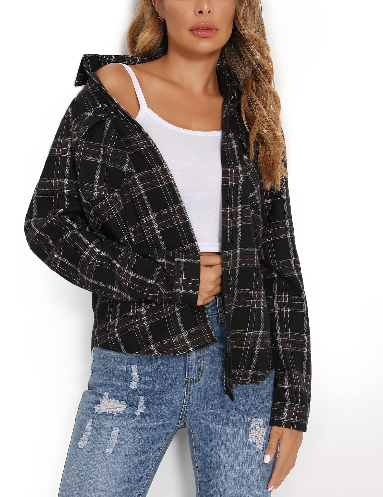 Enjoyoself Damen Kariertes Hemd 100% Baumwolle Langarm Holzfällerhemd Button-down Karobluse für Alltag Oktoberfest Schwarz,M - nargiss
