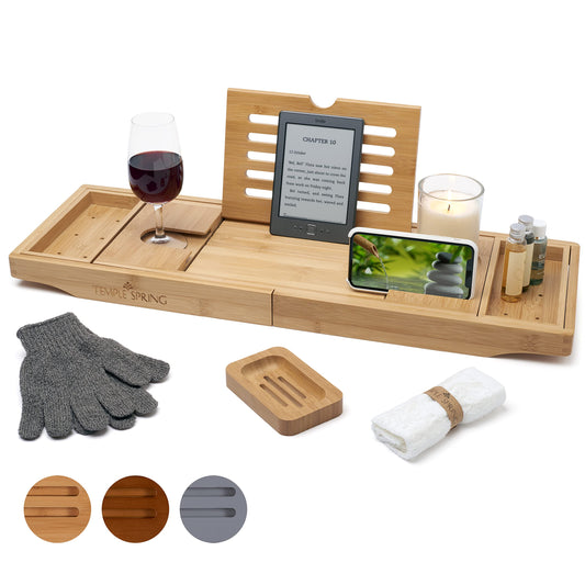Temple Spring - Badewannenablage Bambus mit Kerzen-, Weinglas-, Buch-, Tablet-, iPad- und Telefonhalter. Badewannentablett ausziehbar, Badewannenablage Holz, Bathtub Tray 100% Bambus - Naturholz - nargiss