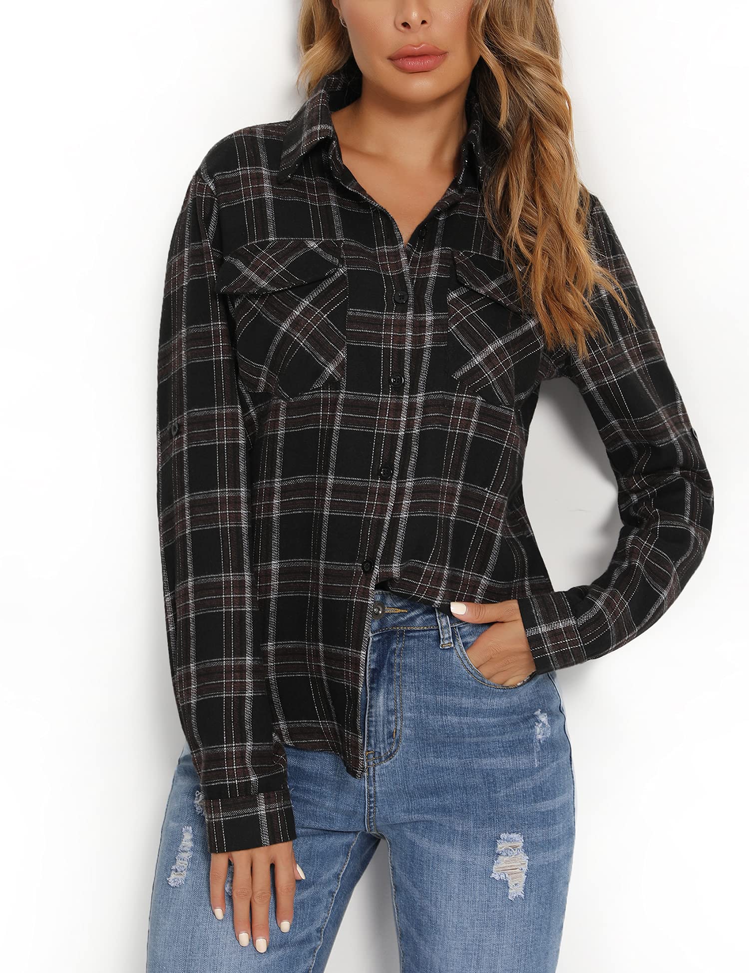 Enjoyoself Damen Kariertes Hemd 100% Baumwolle Langarm Holzfällerhemd Button-down Karobluse für Alltag Oktoberfest Schwarz,M - nargiss