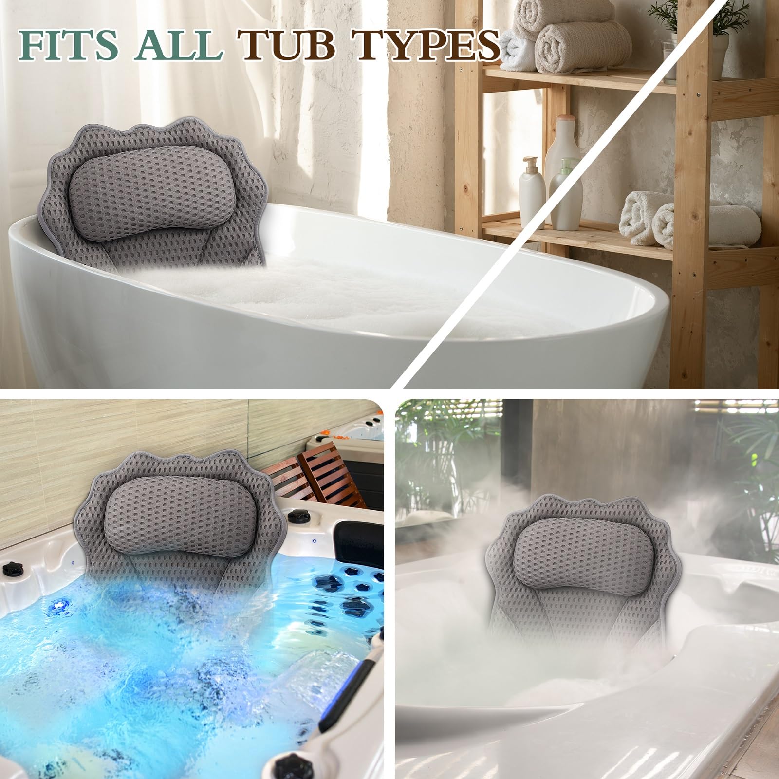 Badekissen RUVINCE Ergonomisches Luxus-Badewannenkissen mit Kopf-, Nacken-, Schulter- und Rückenstütze, 4D-Badekissen für die Badewanne mit 6 leistungsstarken Saugnäpfen, passend für alle Badewannen - nargiss
