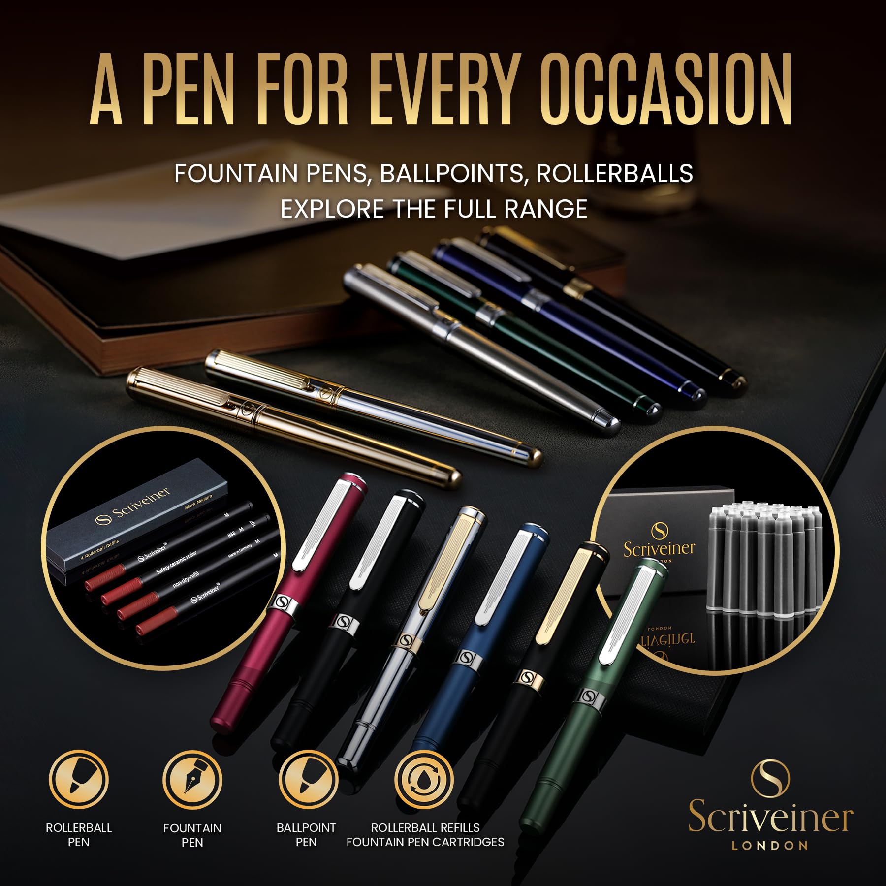 Scriveiner Black Personalisierter Stift - Luxus Füllfederhalter, Schwarzer Lack, Gold Finish, Deutsche Schmidt Feder (Mittel), Bestes Graviertes Füllfederhalter Geschenkset, Namensgravur - nargiss