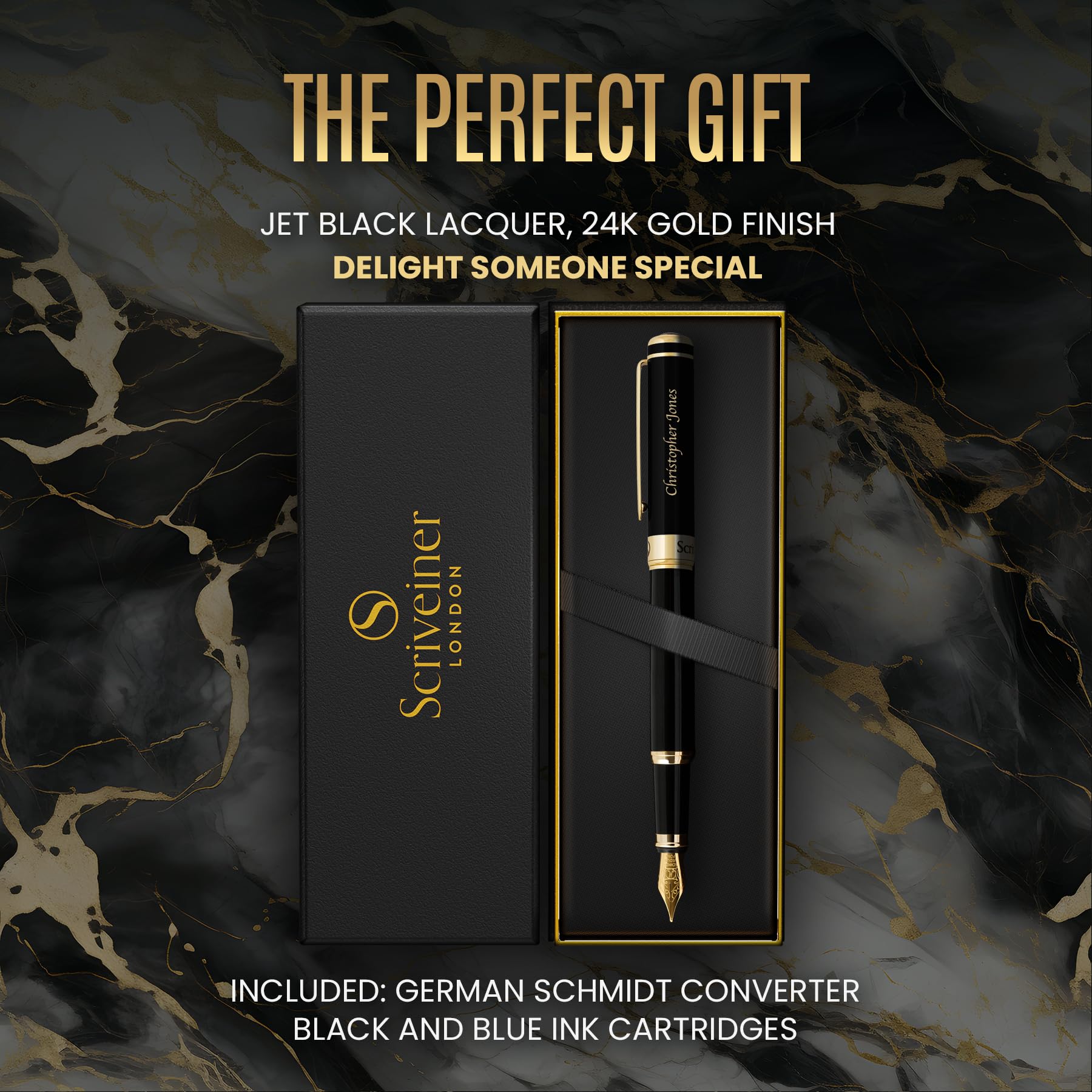 Scriveiner Black Personalisierter Stift - Luxus Füllfederhalter, Schwarzer Lack, Gold Finish, Deutsche Schmidt Feder (Mittel), Bestes Graviertes Füllfederhalter Geschenkset, Namensgravur - nargiss