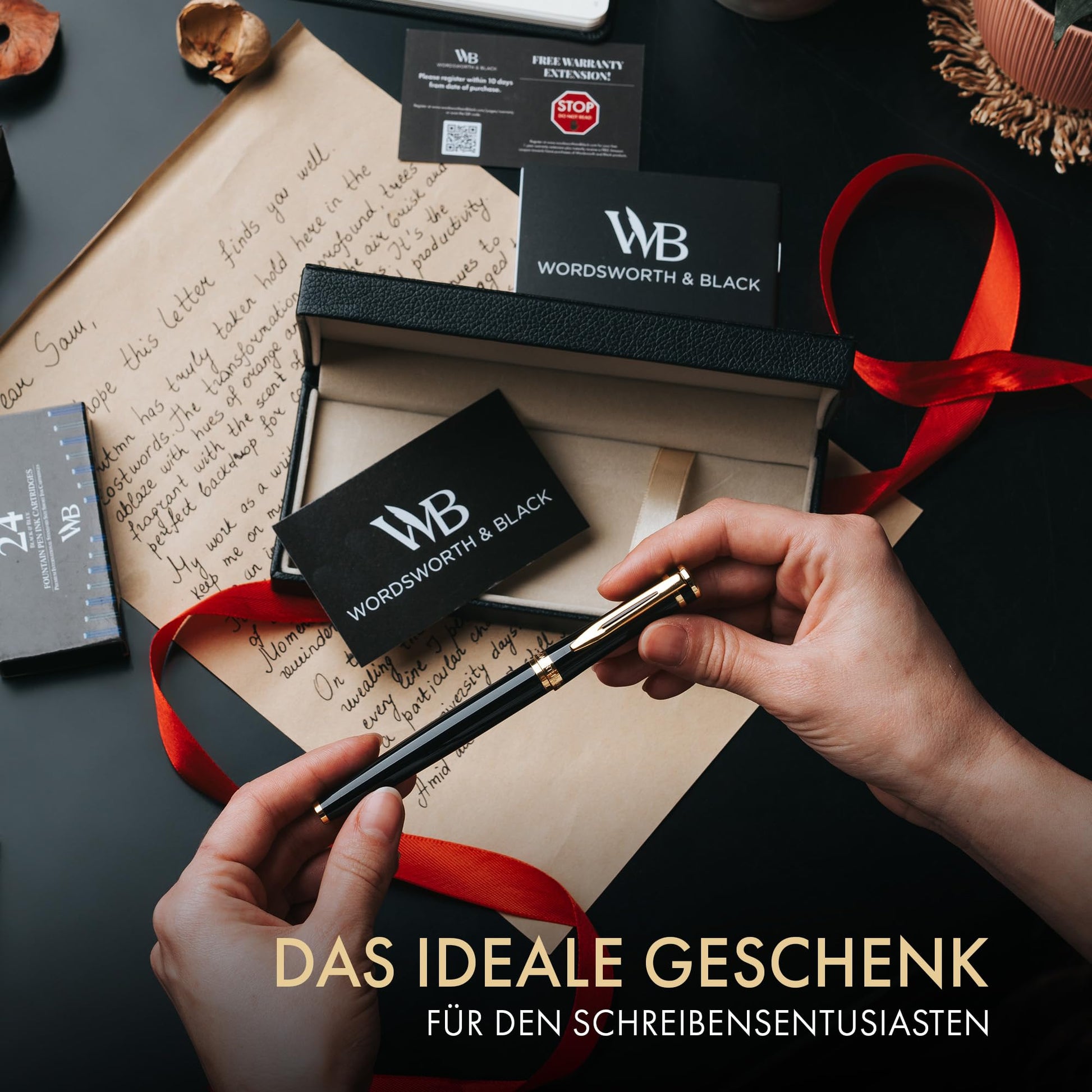 Wordsworth & Black Füllfederhalter Set, Medium Schreibfeder, Enthält 24 Tintenpatronen Und Tintennachfüllkonverter, Geschenketui, Journaling, Kalligrafie, Weiche Schreibstifte [Schwarzes Gold] - nargiss