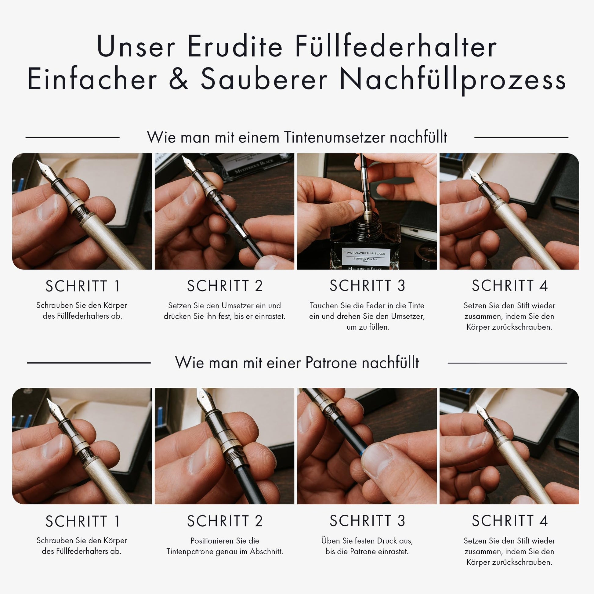 Wordsworth & Black Füllfederhalter Set, Medium Schreibfeder, Enthält 24 Tintenpatronen Und Tintennachfüllkonverter, Geschenketui, Journaling, Kalligrafie, Weiche Schreibstifte [Schwarzes Gold] - nargiss