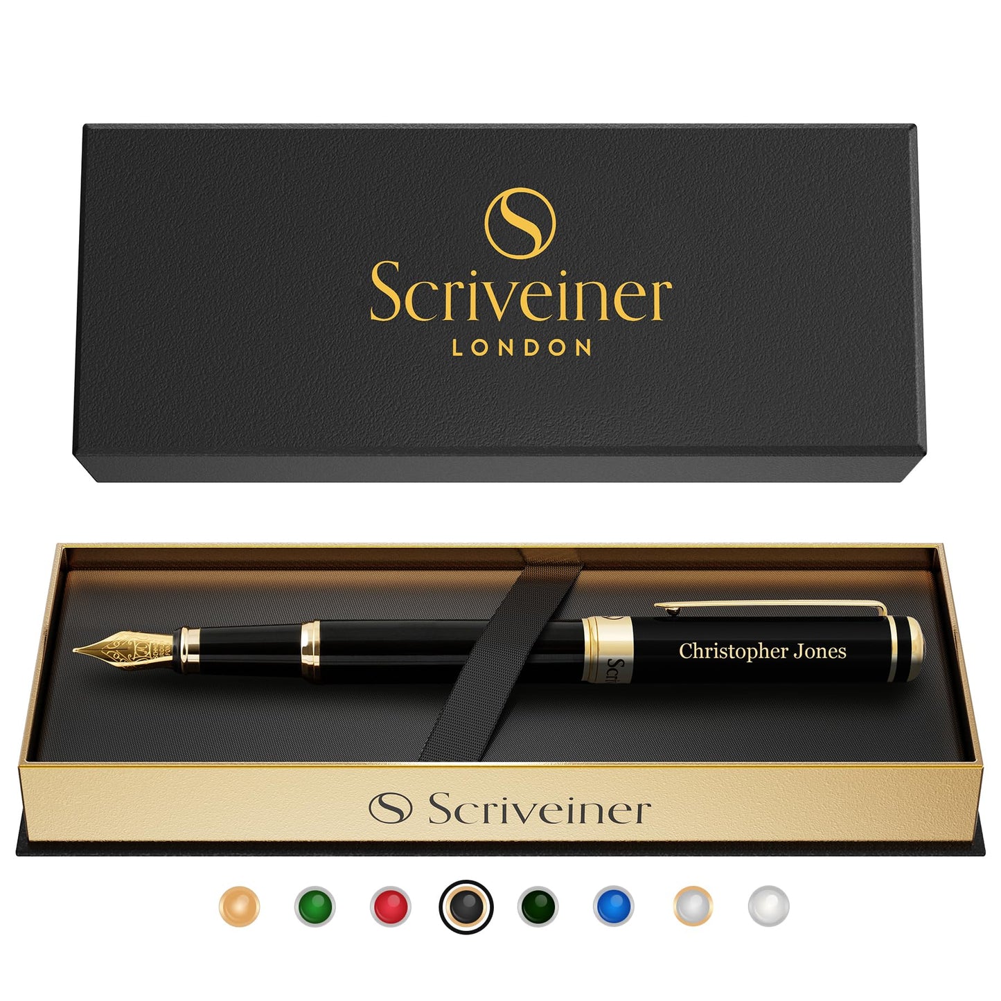 Scriveiner Black Personalisierter Stift - Luxus Füllfederhalter, Schwarzer Lack, Gold Finish, Deutsche Schmidt Feder (Mittel), Bestes Graviertes Füllfederhalter Geschenkset, Namensgravur - nargiss