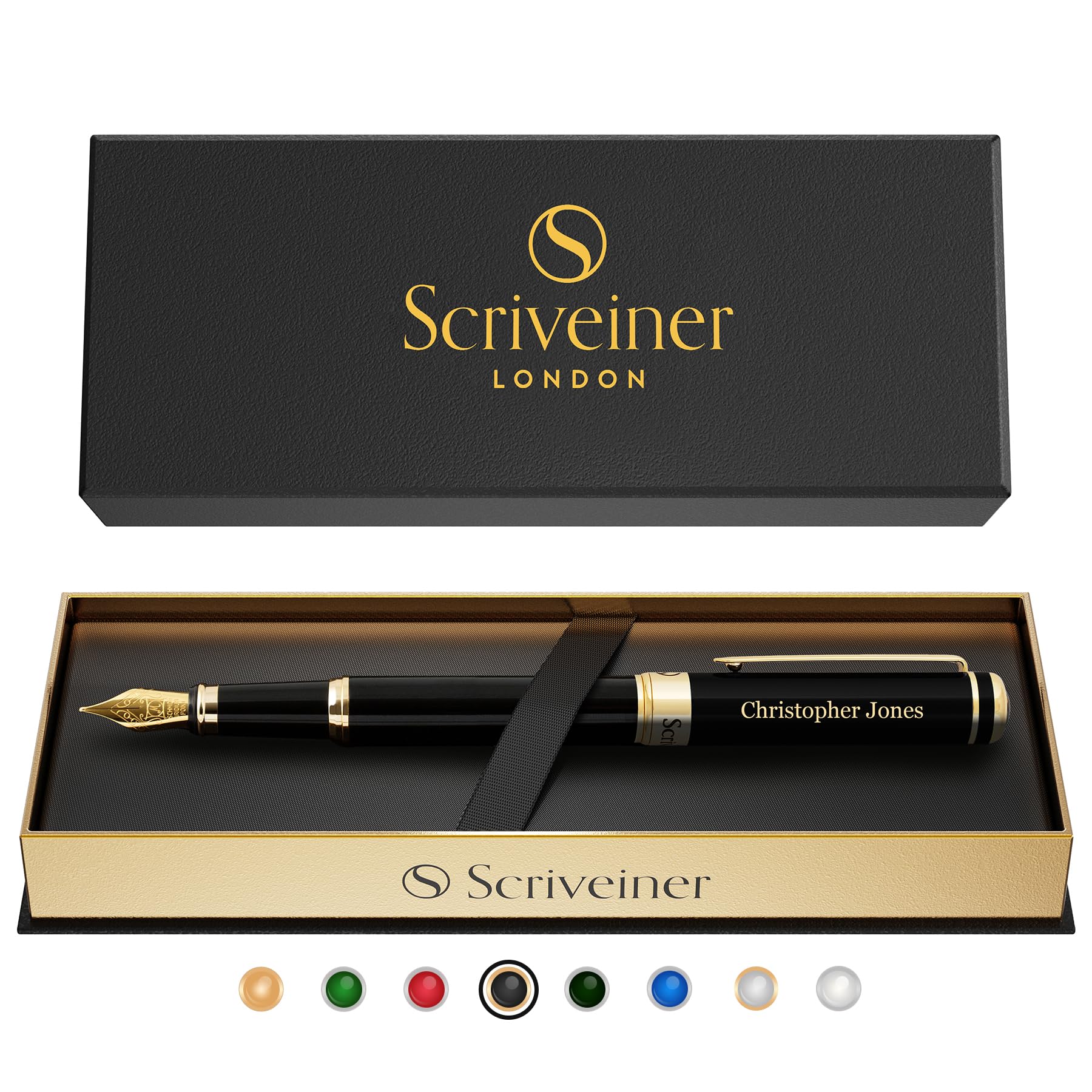 Scriveiner Black Personalisierter Stift - Luxus Füllfederhalter, Schwarzer Lack, Gold Finish, Deutsche Schmidt Feder (Mittel), Bestes Graviertes Füllfederhalter Geschenkset, Namensgravur - nargiss