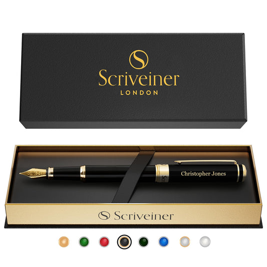 Scriveiner Black Personalisierter Stift - Luxus Füllfederhalter, Schwarzer Lack, Gold Finish, Deutsche Schmidt Feder (Mittel), Bestes Graviertes Füllfederhalter Geschenkset, Namensgravur - nargiss