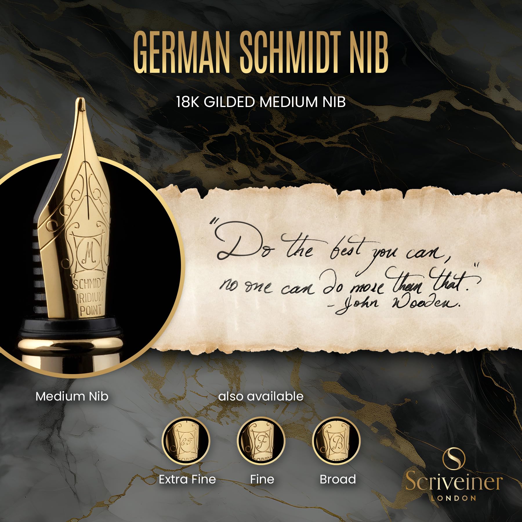 Scriveiner Black Personalisierter Stift - Luxus Füllfederhalter, Schwarzer Lack, Gold Finish, Deutsche Schmidt Feder (Mittel), Bestes Graviertes Füllfederhalter Geschenkset, Namensgravur - nargiss