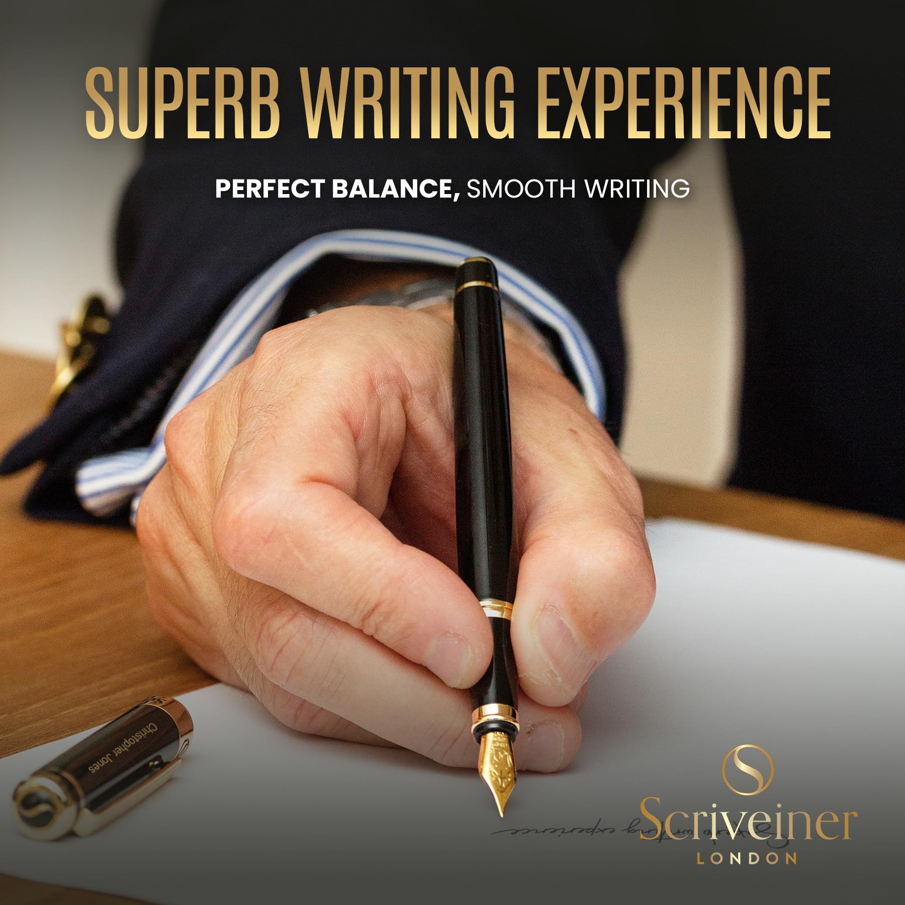 Scriveiner Black Personalisierter Stift - Luxus Füllfederhalter, Schwarzer Lack, Gold Finish, Deutsche Schmidt Feder (Mittel), Bestes Graviertes Füllfederhalter Geschenkset, Namensgravur - nargiss