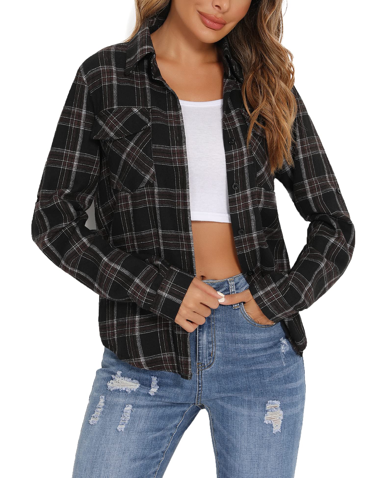Enjoyoself Damen Kariertes Hemd 100% Baumwolle Langarm Holzfällerhemd Button-down Karobluse für Alltag Oktoberfest Schwarz,M - nargiss