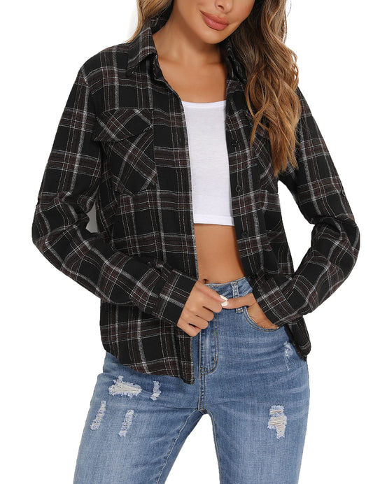 Enjoyoself Damen Kariertes Hemd 100% Baumwolle Langarm Holzfällerhemd Button-down Karobluse für Alltag Oktoberfest Schwarz,M - nargiss