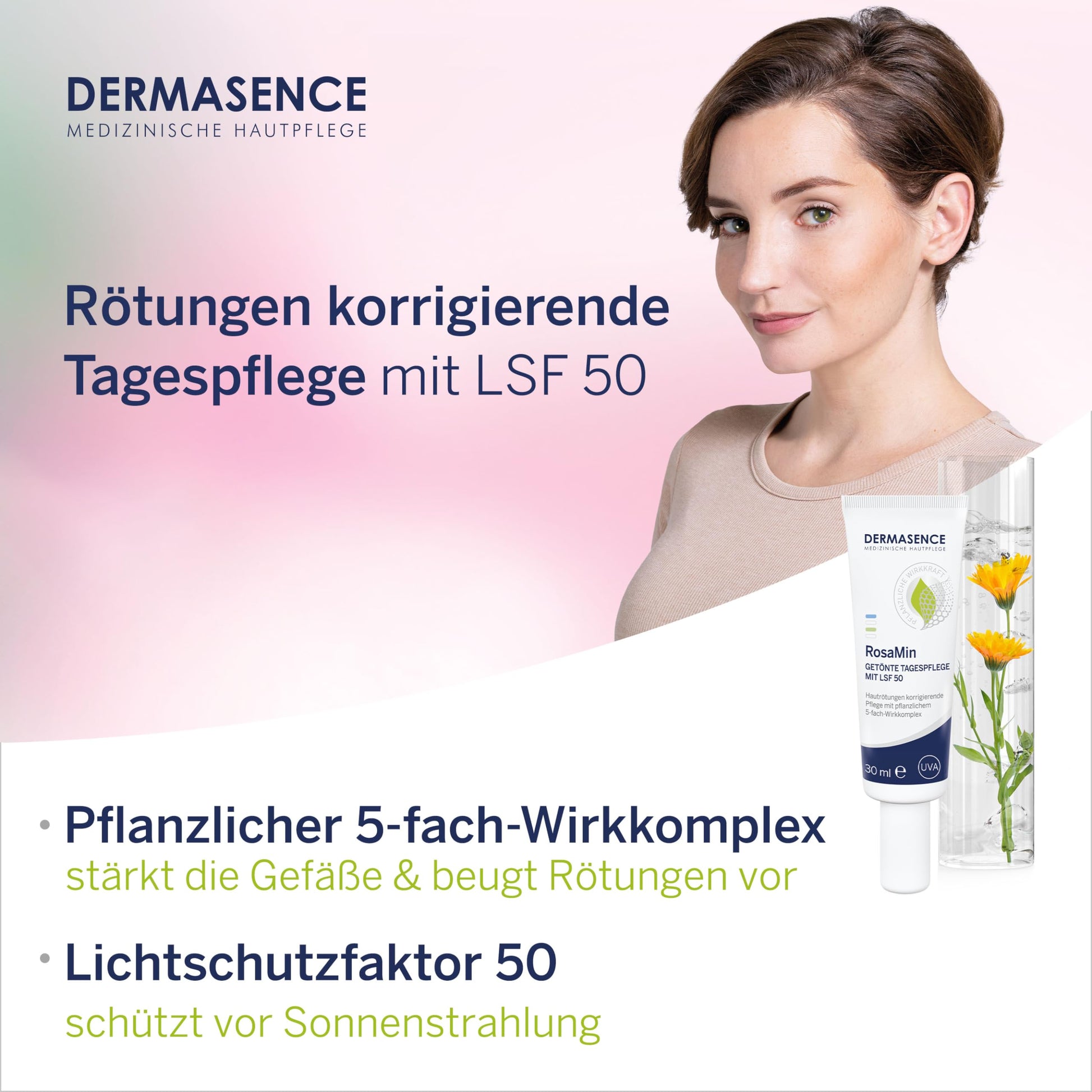 DERMASENCE RosaMin Getönte Tagespflege LSF 50, 30 ml - Rötungen korrigierende Tagespflege mit LSF 50 für Couperose und zu Rosacea neigende Haut - nargiss