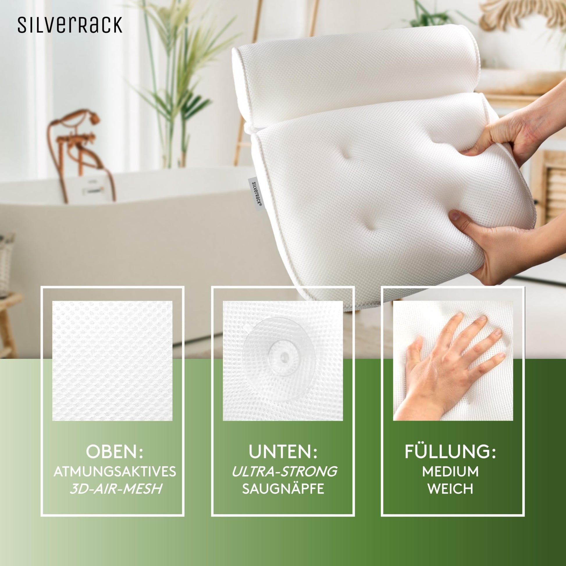 SilverRack Badewannenkissen MEDIUM-WEICH [Weiß 3D] - Nackenkissen für Badewanne mit Saugnäpfen als Badewannen-Zubehör - Kissen für Badewanne - Badekissen mit ergonomischer Passform - nargiss