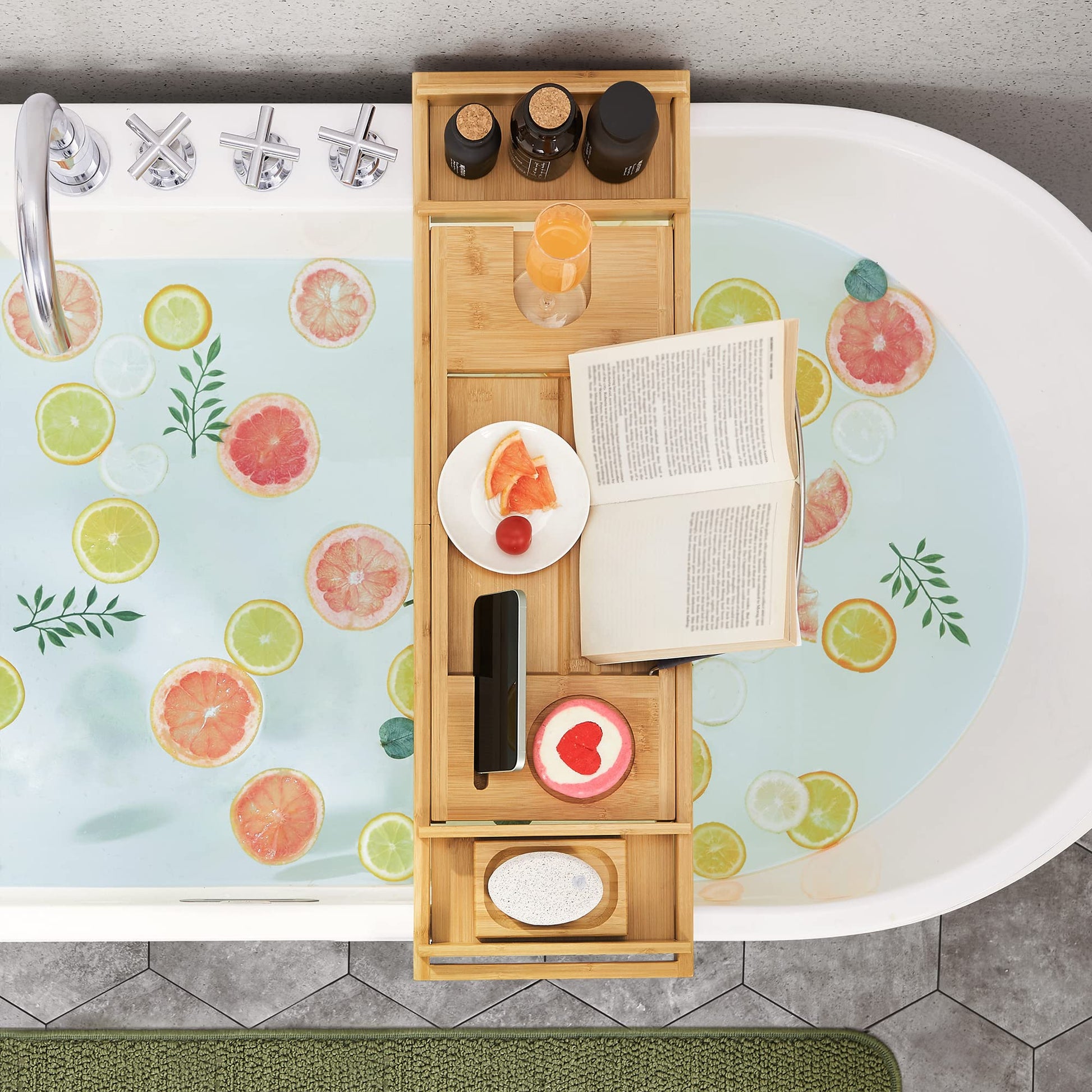 SONGMICS ausziehbare Badewannenablage aus Bambus verstellbares Badewannenbrett Badewannen Ablagen, mit Getränkehalter, Buchstütze, Seifenhalter 75-109 x 4,5 x 23 cm (B x H x T) BCB88Y - nargiss