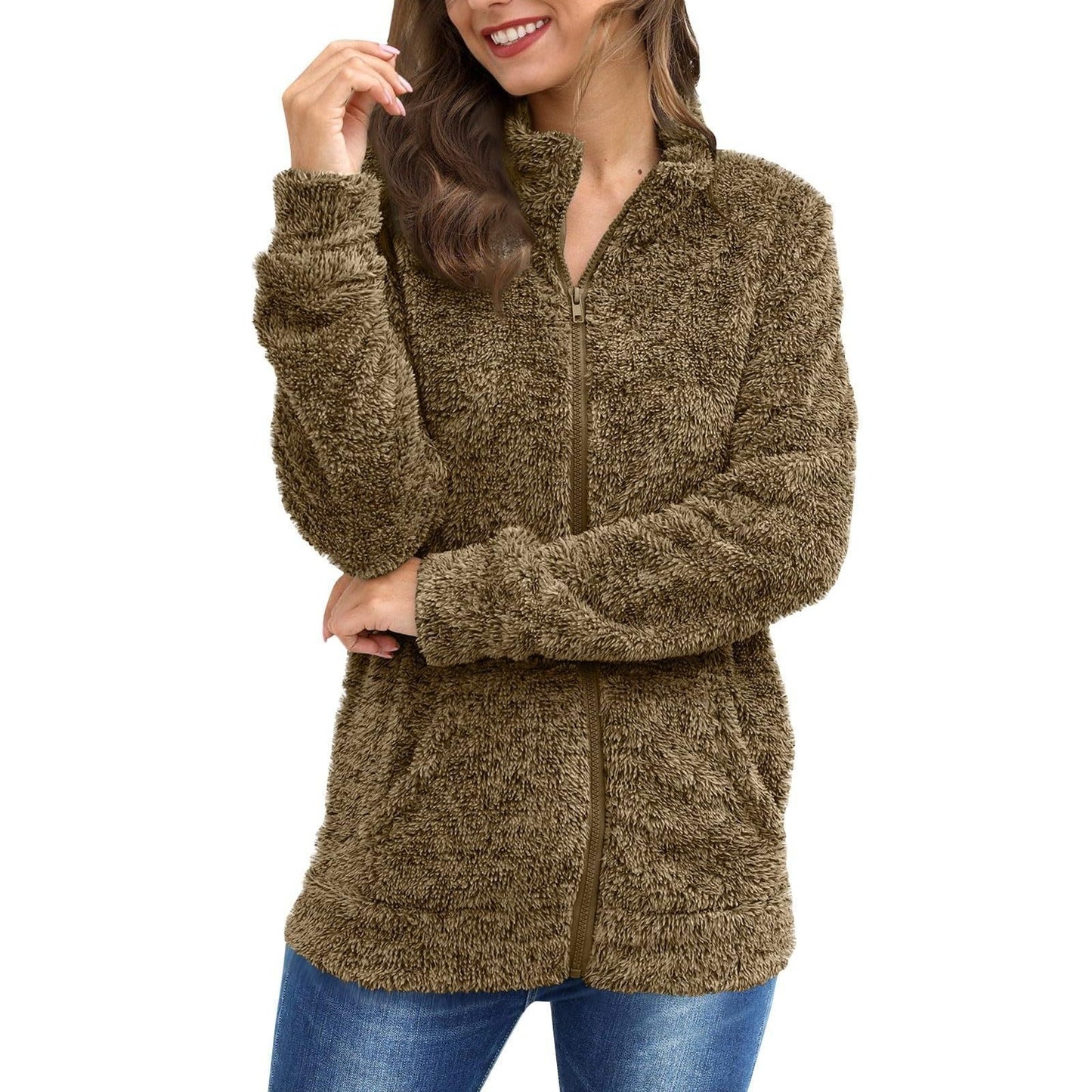 Damen-Langarm-Plüschjacke, locker und warm, modisch