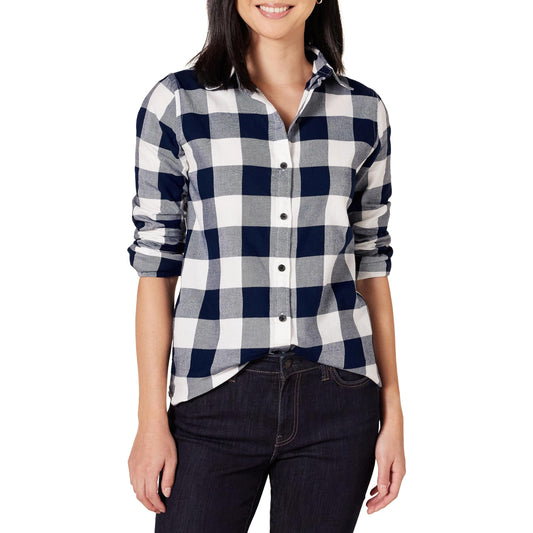Amazon Essentials Damen Leichtes, Langärmeliges, Kariertes Flanellhemd, Klassischer Schnitt, Marineblau Buffalokaros, M - nargiss