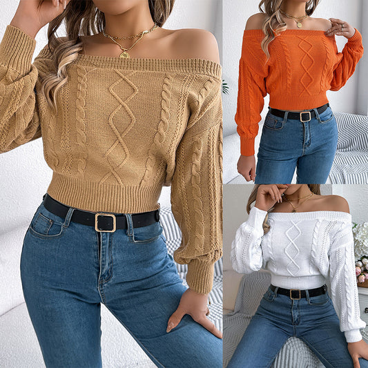 Schulterfreier Langarm-Pullover - Lässiger Chic  | Weiß, Khaki & Orange - nargiss